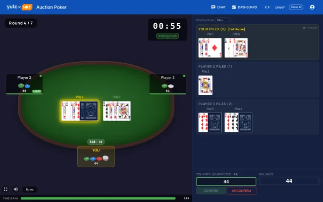 Auction Poker round 4 at a three-player table: player 1 already holds a full house and has bid their whole remaining 44 on pile 6, player 2 has also bid and player 3 is still deciding, with every player's won piles listed on the right