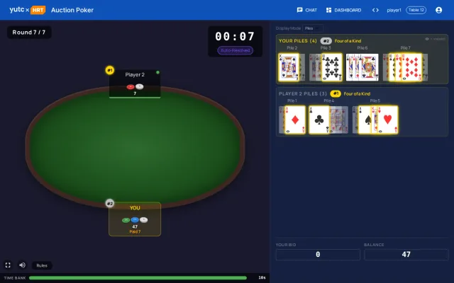 Auction Poker final round result: player 1 builds four tens from four piles but loses to the opponent's four aces, after winning the last pile for 7