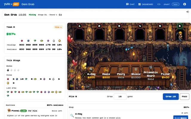 Gem Grab mining room at 16:26, stage 21 round 4, after Opal has been added: Team A's miner has pile 6 selected with a draw of 16 gems. The team holds $974 and 200 ruby, 362 sapphire, 259 emerald, 269 topaz, 173 amethyst, 35 opal and 124 gold. So far this stage it has hit 1 of 4 allowed bombs and mined 47 gems, and the half-price shop (Loyalty Card) and a live Funnel auction are open