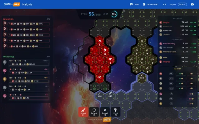 Halovia close-up of a contested front at cycle 55: the team reinforces two border sectors with 260 and 330 defending mechas while attacking three rival sectors with 460, 340 and 520 mechas