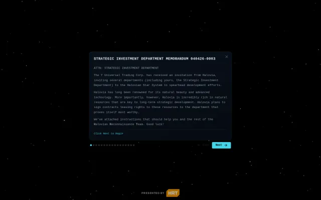 Opening memo of the Halovia tutorial, which invites the team's Strategic Investment Department to Halovia to compete for the rights to its resources