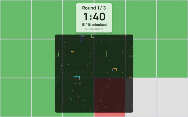 Odd Odds projector view during the round-1 coin flip: 1:40 left and 15 of 16 players submitted, with a green tile for each locked-in player, one red tile still waiting, and the shared snake board where 12 snakes chase food