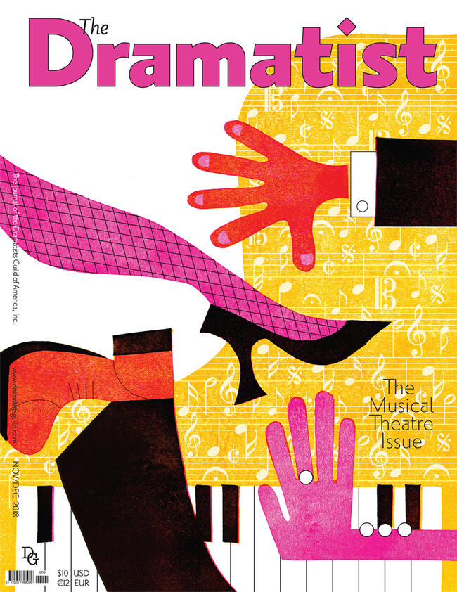 Cover art of the Musical Theatre Issue: Cartoon arms and legs with tux sleeves, fine shoes, and jewelry; and in the background, piano keys and sheet music wallpaper