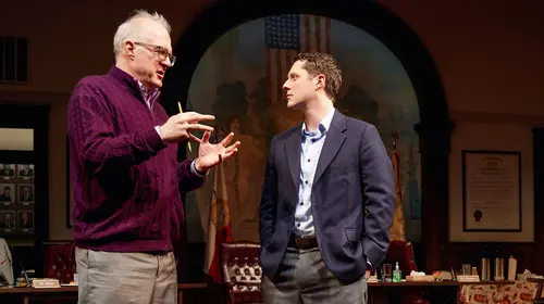 Tracy Letts (left) and Noah Reid (right) in The Minutes on Broadway.