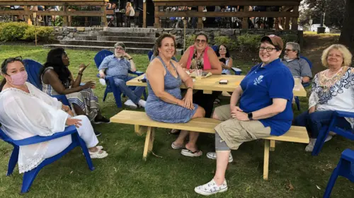 Dramatists Guild members gather on the lawn outside of Blue Gene’s Pub: (L to R) Gina Russell Tracy, Tiffani Gavin, Bob Ost, Bridget Brown, Emma Palzere-Rae, guest, Kato McNickle, guest, and Judith Clinton.