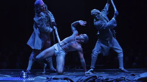 Henry Gainza, Gabriell Salgado, and Imran Hylton in Frankenstein at Zoetic Stage at the Arsht Center in Miami. Photo: Justin Namon