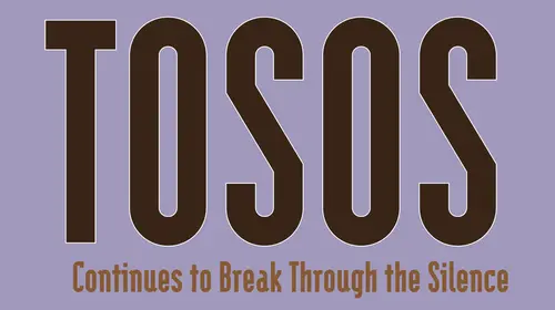 Graphic typography using a sans serif font in dark brown, spelling TOSOS, on a lavender background